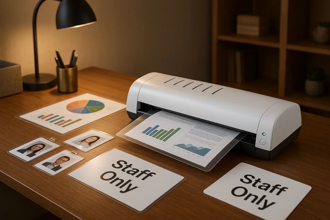 Office laminating machine on a professional desk with laminated reports, ID badges, and presentation sheets